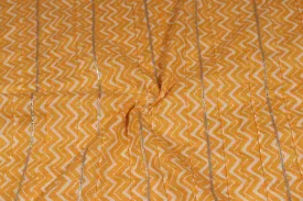 Yellow Printed Pintuck Cotton With Gota Fabric