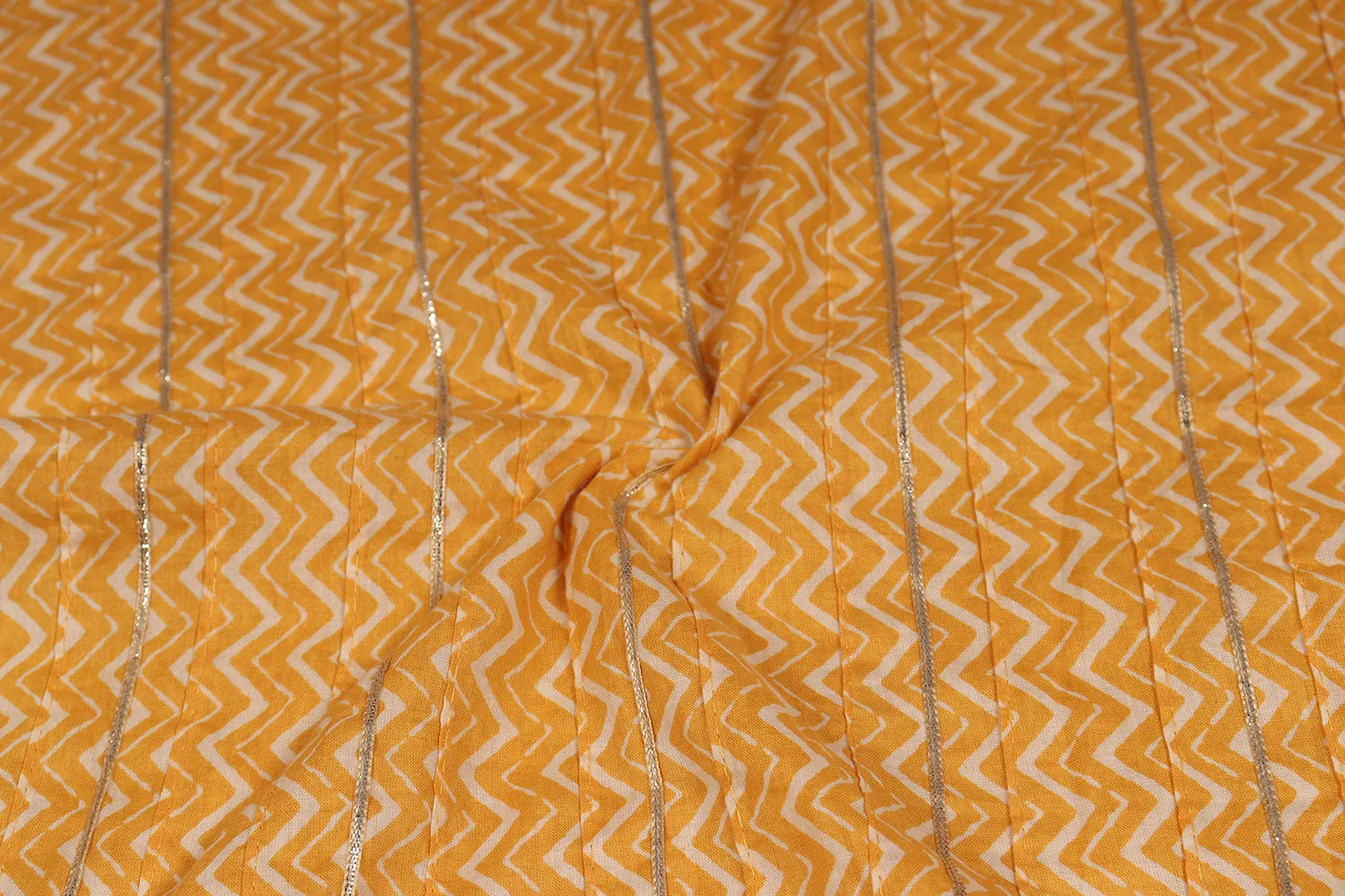 Yellow Printed Pintuck Cotton With Gota Fabric