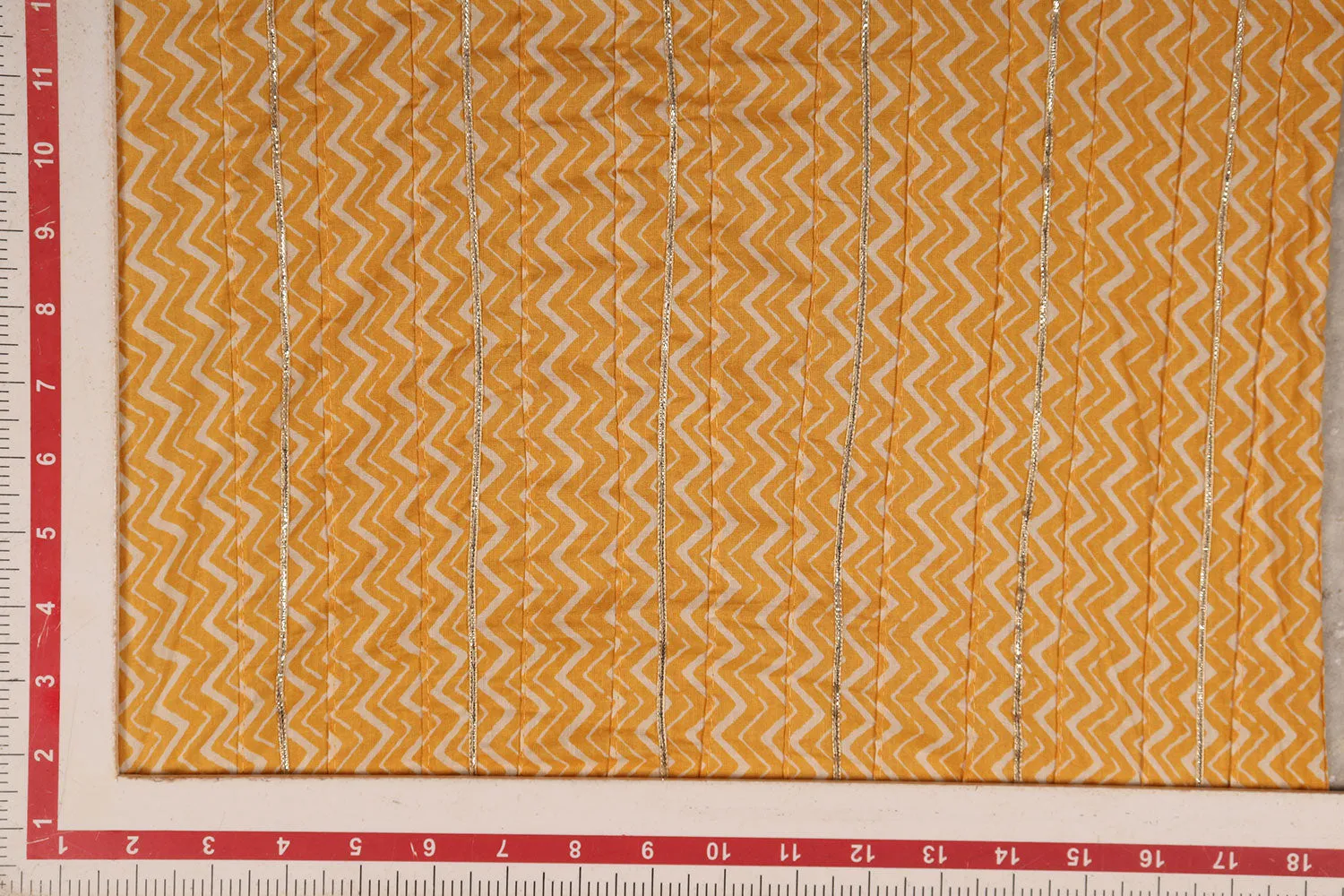 Yellow Printed Pintuck Cotton With Gota Fabric