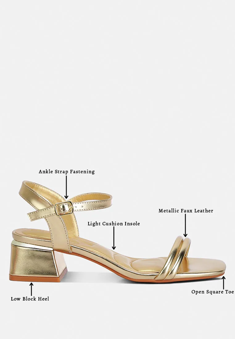 Zabou Metallic Ankle Strap Low Block Heels